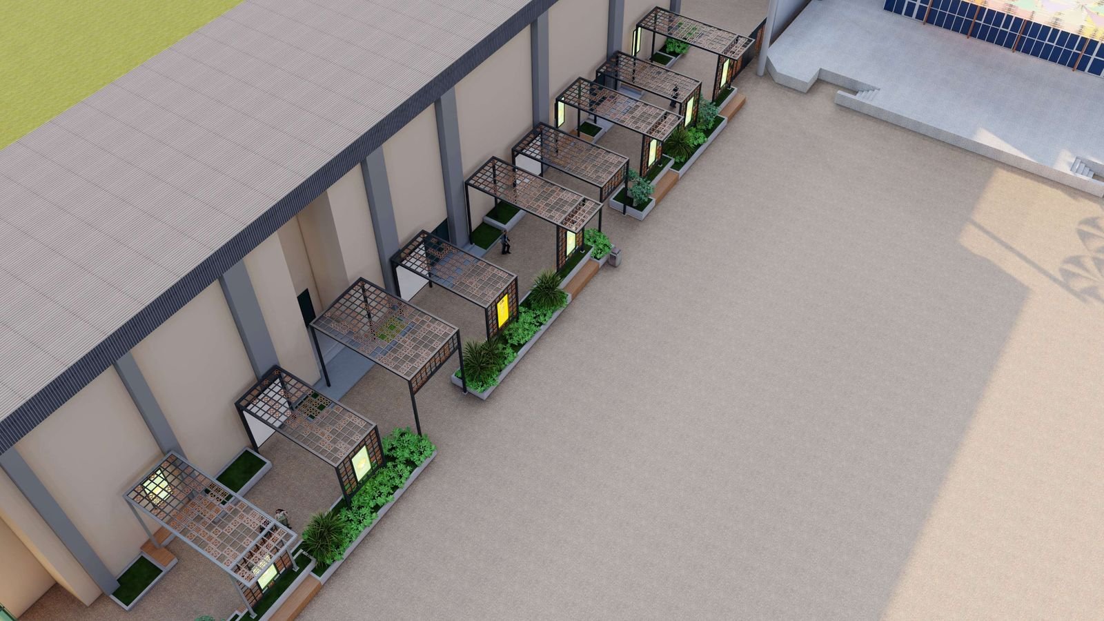 India Club pergola kiosks and planters